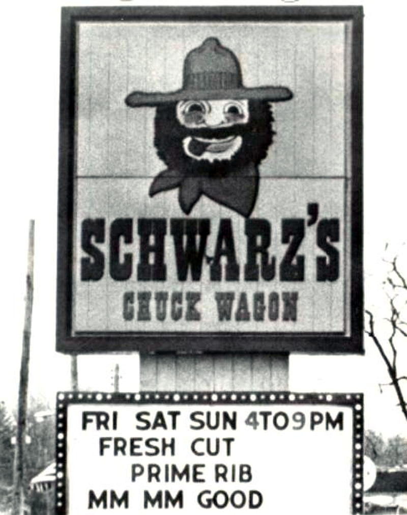 Satellite Burgerteria (Schwarzs Chuck Wagon, Charlies Chuck Wagon) - Vintage Photo Of Schwarz Sign